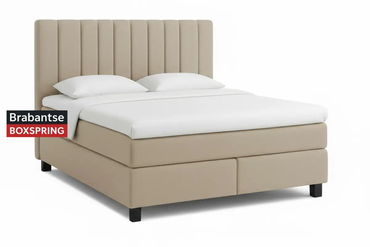 Boxspring met hoog verticaal gestreept hoofdbord beige met gelijke banen